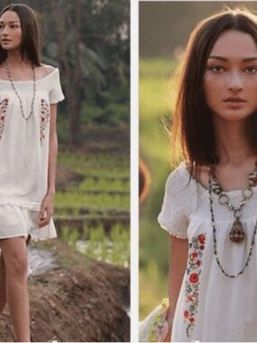Moulinette Soeurs Anthropologie' Cream Embroidered Boho Dress